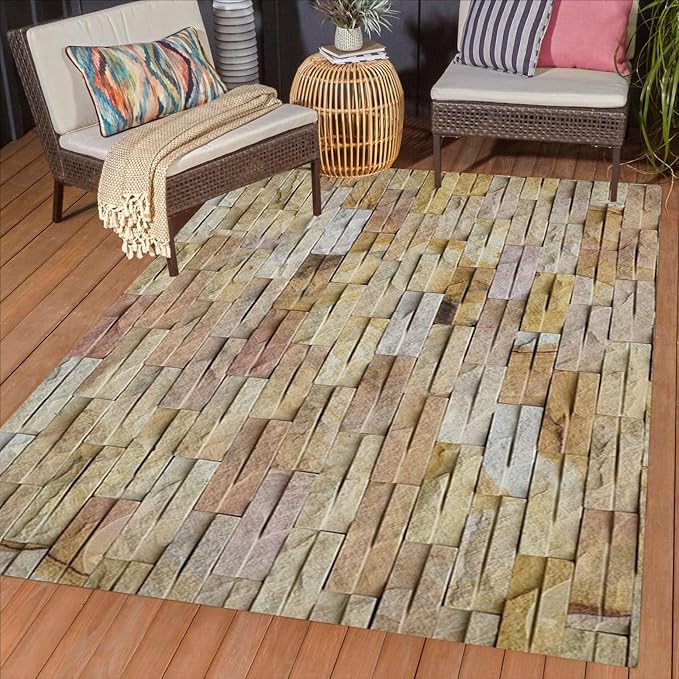 Brown Yellow Stone Brick Print Waterproof 5x7 Outdoor Rugs for Garden Patios Balcony Deck Camping Pool Washable Low Pile Foldable Large Carpets Rustic Farmhouse Yard Anti Slip Outside Carpet Mat