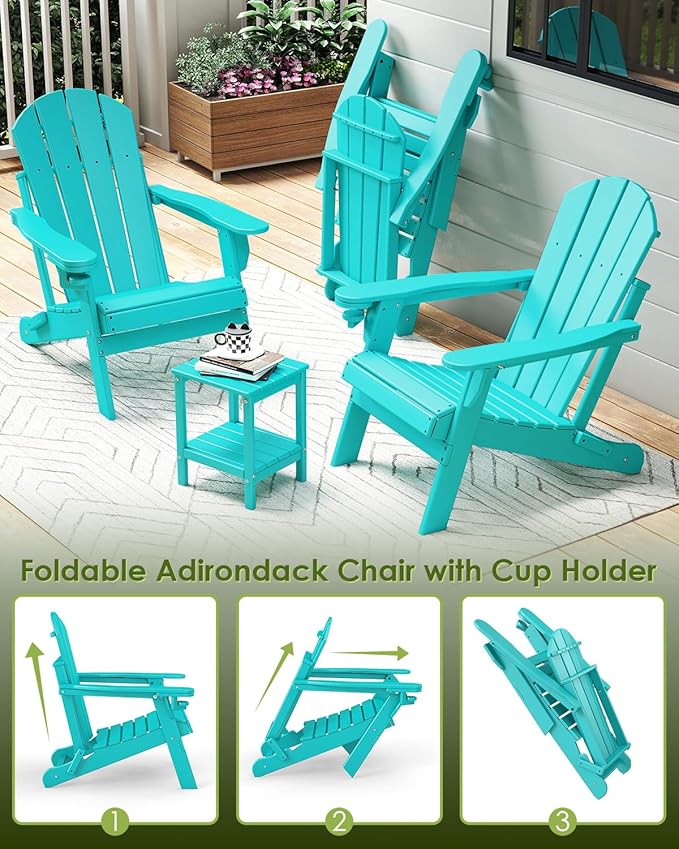 GREENVINES Folding-Adirondack-Chairs-Set-of-4 | HDPE All-Weather | Firepit Chair | Cup Holder | Aqua | for Campfire Deck Backyard Patio Outdoor Poolside Lawn