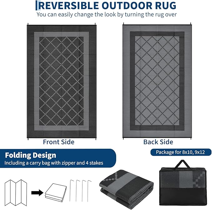 Outdoor Rug 10x20 Waterproof Reversible Mat Indoor Outdoor Plastic Straw Rus Carpet All Weather Modern Trellis RV Mat Carpet for Patio Deck Balcony Pool Picnic Black/Grey