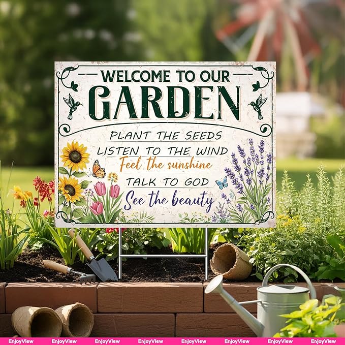 Funny Garden Sign with H Stake 24"x18" Large Vintage Sign for Outside Greenhouse Corrugated Plastic Yard Decor Gardening Gifts for Women " WELCOME TO OUR GARDEN"