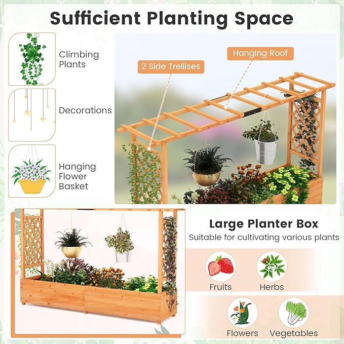 S AFSTAR 45-Inch Raised Garden Bed with Arch Trellis, Hanging Roof, Planter Box, Drainage Holes, Vertical Plant Container for Vine Climbing Plant Flower, Standing Wood Planter for Garden Patio Yard