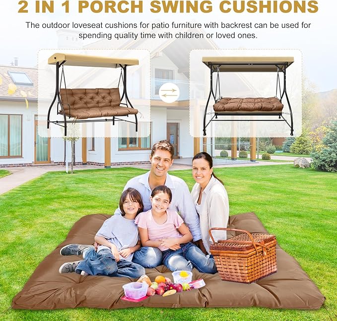 60" Porch Swing Cushion with Backrest, Waterproof Outdoor Bench Swing Cushions 3 Seater Replacement Thickened Swing Cushions with Ties for Patio Garden Backyard,Light Coffee,60x40in