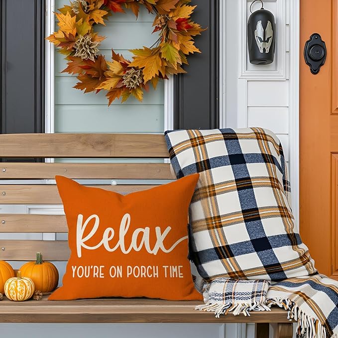 PANDICORN Decorative Throw Pillow Covers 18x18 Inch Relax Porch Time Orange Outdoor Farmhouse Spring Fall Decorations Cozy Decorative Cushion Case for Sofa Couch Patio Front Porch Decor