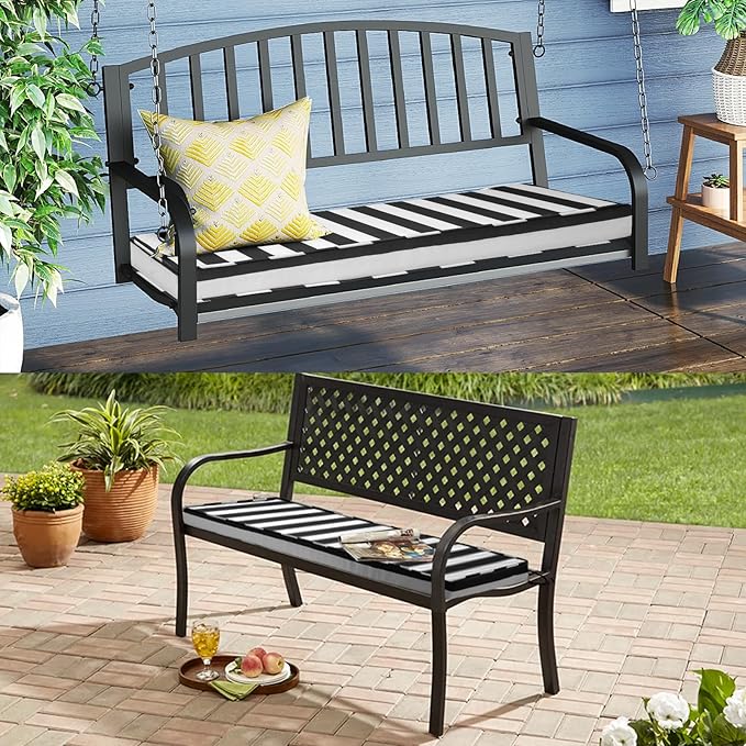 Outdoor Bench Cushion 42x18x3 Inch with Ties, Thick Waterproof Porch Swing Cushions for Patio Furniture Chair Pad, Seat Sofa Garden Replacement Cushion Sponge Filling (Black&white Stripes, 42x18)