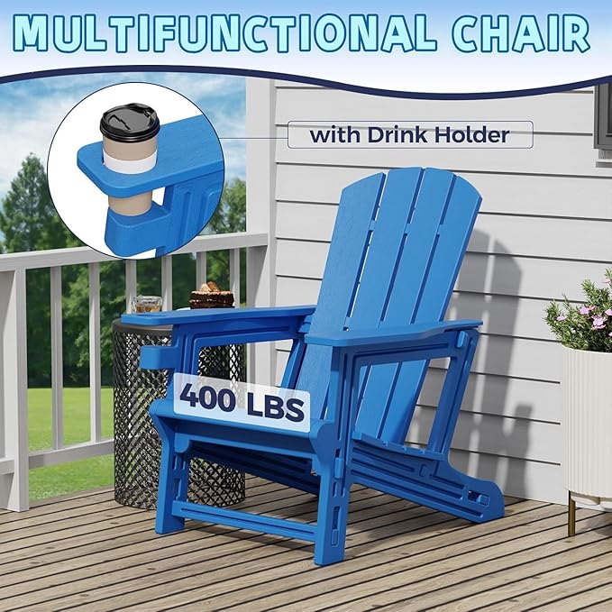 Adirondack Chair Set of 2, All Weather Plastic Adirondack Chairs, Fire Pit Chairs with Cup Holder, Outdoor Lawn Chair for Patio, Garden, Backyard, Klein Blue