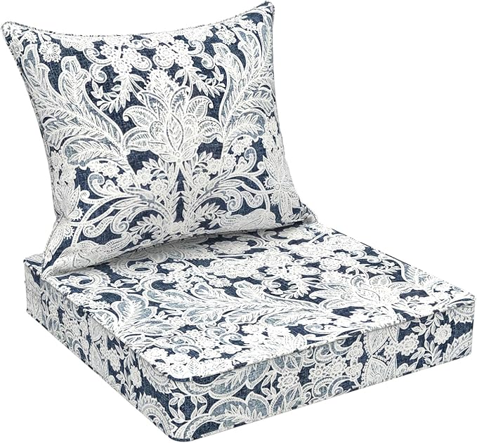 Outdoor Deep Seat Cushion Set, Water Repellent 24"x24" Patio Thick Cushions Replacement with Seat & Back Pillow for Patio Sofa, Wicker Chair, Couch - Damask Lapis