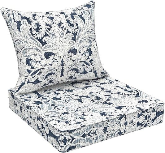 Outdoor Deep Seat Cushion Set, Water Repellent 24"x24" Patio Thick Cushions Replacement with Seat & Back Pillow for Patio Sofa, Wicker Chair, Couch - Damask Lapis