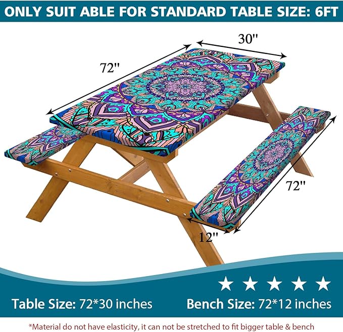 Picnic Table Cover with Bench Cover, Boho Table Covers with Elastic Waterproof Camping Tablecloth with Drawstring Bag, Outdoor Travel Rv Patio Camping Essentials, 72In 3PCS