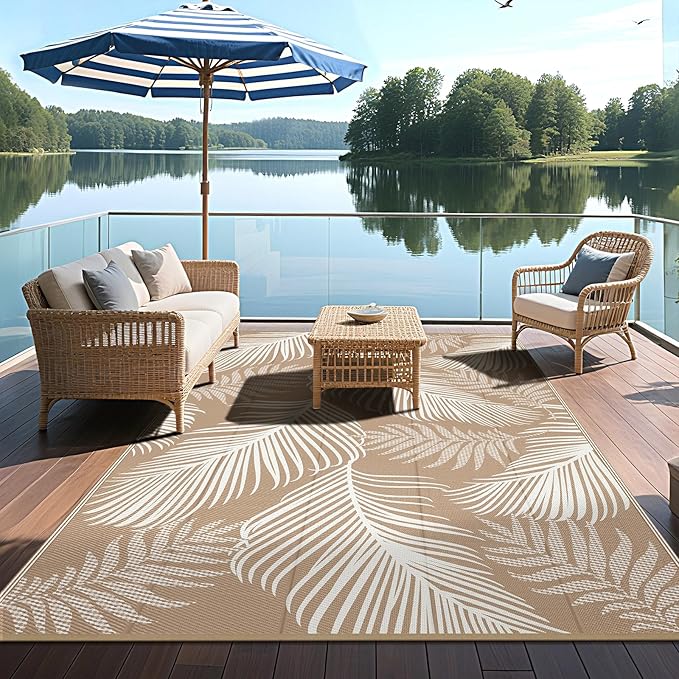 Pauwer Waterproof Outdoor Rug 6x9, Reversible Plastic Straw Patio Camping Rug, Indoor Outdoor RV Mat Carpet for Deck, Camper, Porch, Balcony, Backyard, Picnic, Leaf Brown