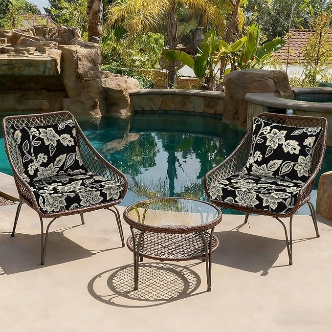 Outdoor Deep Seat Cushion Set, Water Repellent 22"x22" Patio Thick Cushions Replacement with Seat & Back Pillow for Patio Sofa, Wicker Chair, Couch - Vines Black