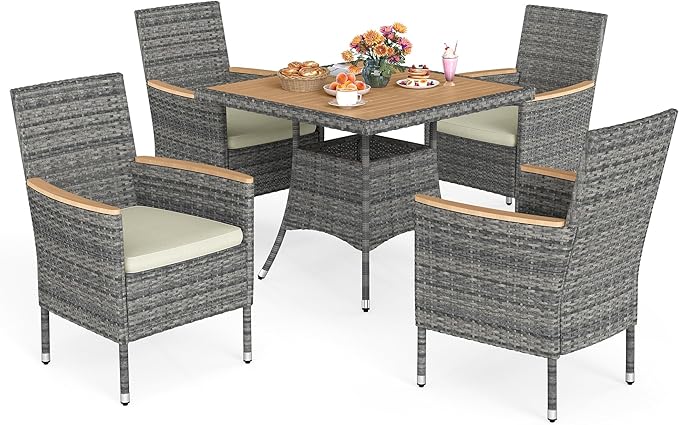 Wisteria Lane 10-Pieces Outdoor Patio Table and Chairs, Rattan Patio Table Set with Acacia Wood Tabletop, Patio Dining Furniture Set for 8 with Removable Cushions for Deck Garden Backyard, Grey