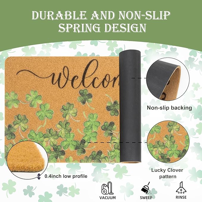 Lucky Clover Welcome Door Mat Outside Entrance, Faux-Coir Green Shamrock Thin Doormat, St. Patricks Day Decoration Outdoor Porch-Rug 17"X30" Non-Slip Dirt-Trapping for Home Garden Farm Spring Decor