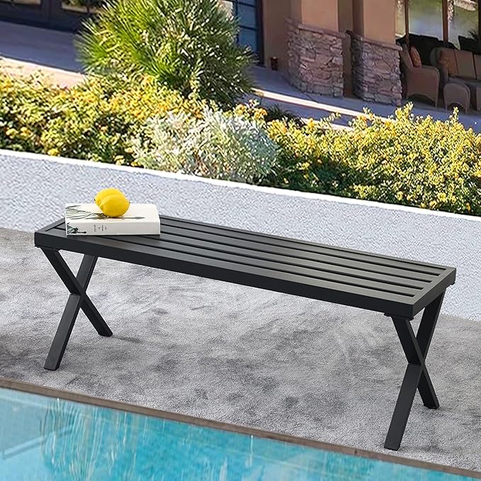 Black Outdoor Bench, 46" Outdoor Metal Backless Bench for Outdoor, Patio Garden Bench, All Wheather Outdoor Bench with cors for Garden, Backyard, Porch, Black