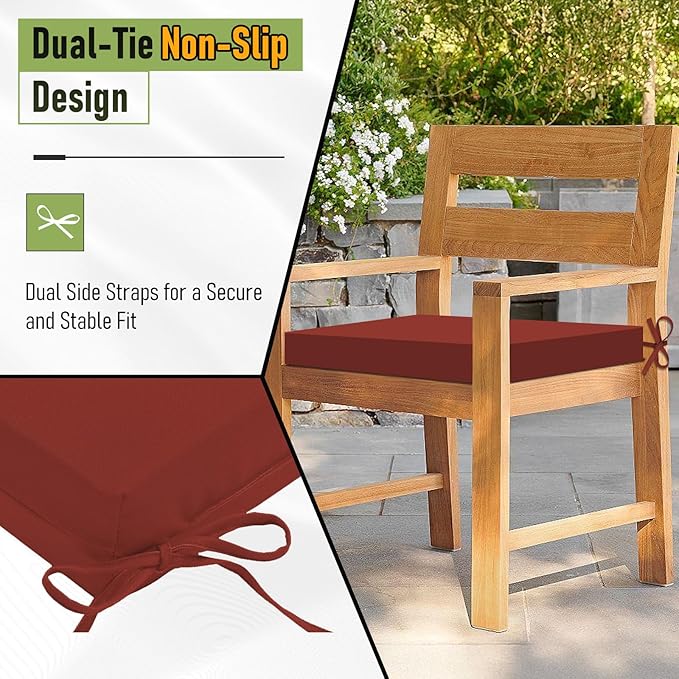 Basic Beyond Outdoor Chair Cushions Set of 2, Square Corner Outdoor Cushions for Patio Furniture, Water Resistant Patio Chair Cushions with 2 Ties, 18.5x16x3, Brick Red