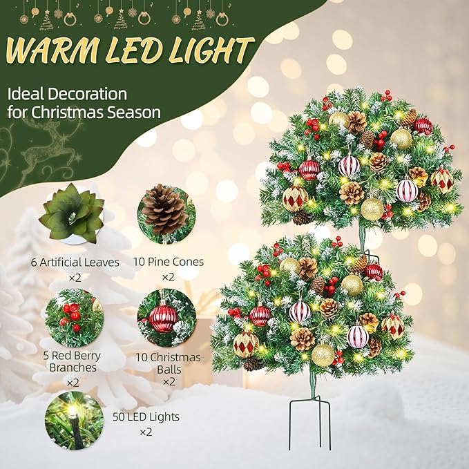 2 Pack 23" Outdoor Christmas Tree Urn Filler, Christmas Planter Filler with 50 LED Lights, Pine Cones, Christmas Balls & Red Berries, Tripod Stake for Outdoor Holiday Home Decorations