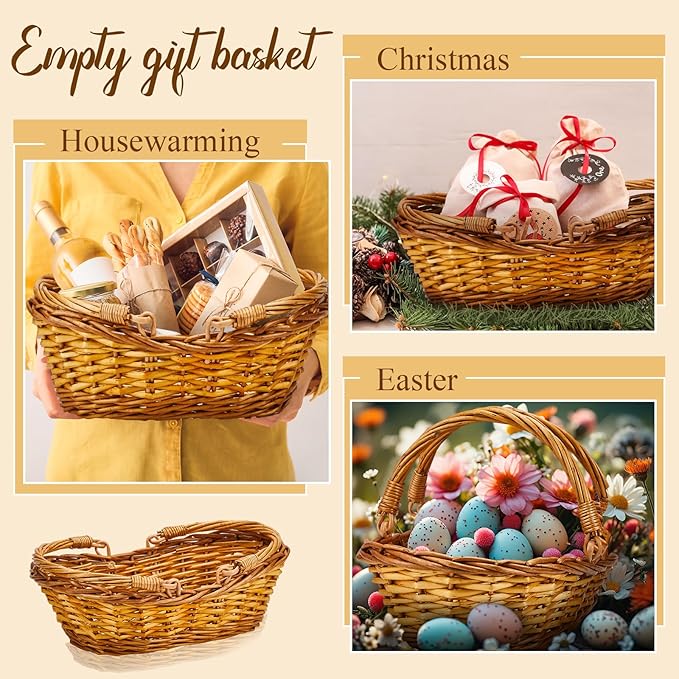 Sintuff 6 Pcs Wicker Picnic Basket with Handle Garden Harvest Empty Easter Eggs and Candy Basket Oval Willow Woven Storage for Organizing, Fruit Egg Storage Gathering Wedding Gifts(Natural)