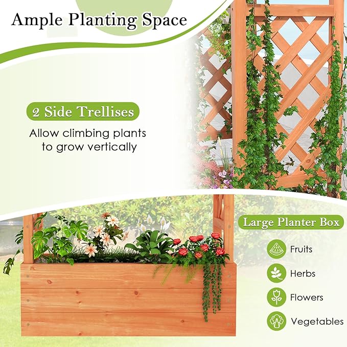 HAPPYGRILL Raised Garden Bed with Trellis, Wooden Elevated Planter Box w/Hanging Roof, Drainage Holes & Removable Bottom Panels for Climbing Vine Flower, Indoor Outdoor Wood Planter for Yard Patio