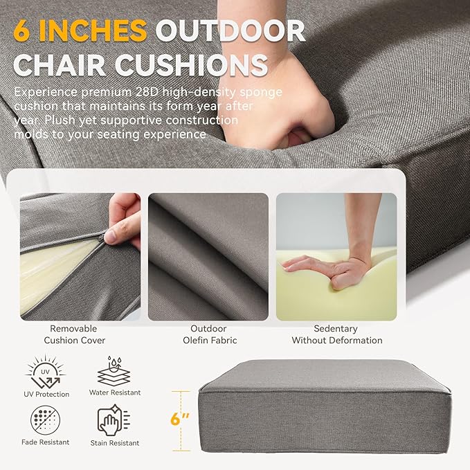 6" Thick Outdoor Chair Cushions - 24"* 24" Patio Furniture Cushions with Water Resistant & Removable Cover, 28D High Density Sponge Patio Cushion for Outdoor Furniture Couch Chair Grey