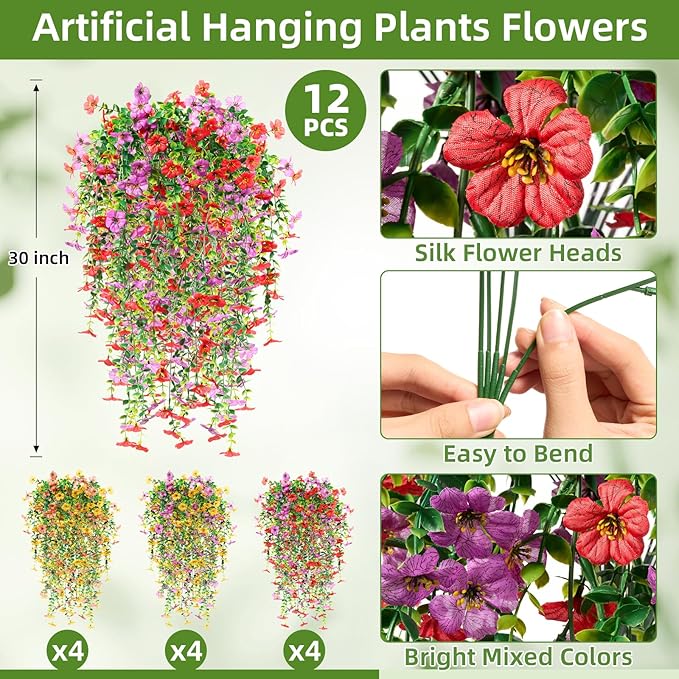 Hoteam 12 Pack Artificial Hanging Flowers Plants for Outdoors 30 Inch UV Resistant Fake Plastic Faux Artificial Plants Bulk for Planter Porch Patio Yard Garden Wedding Wall Indoor