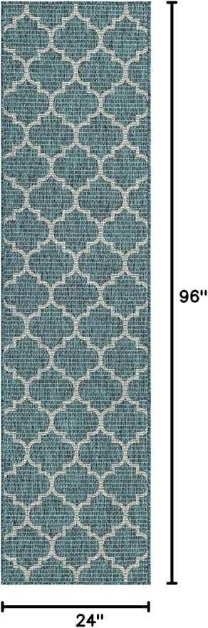 Unique Loom Outdoor Trellis Collection Area Rug (2' x 8' Runner, Teal/ Gray)