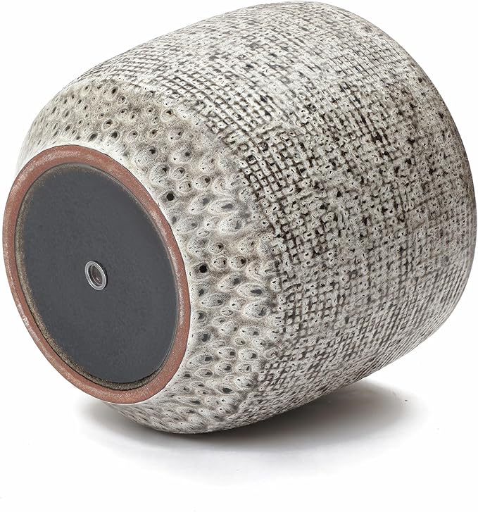 LuxenHome 15.5" Dia Round Ceramic Large Plant Pot for Outdoor Plants, Gray Grid-Pattern Glazed Ceramic Outdoor Planter Pot with Drainage Hole and Rubber Plug, Indoor Flower Pots for Home Garden Patio