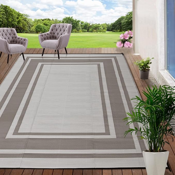 RURALITY Outdoor Rugs 5x8 for Patios Clearance,Waterproof Plastic Straw Mats for Porch,Deck,RV,Backyard,Balcony,Reversible,Recyclable,Easy to Clean,Modern Geometric