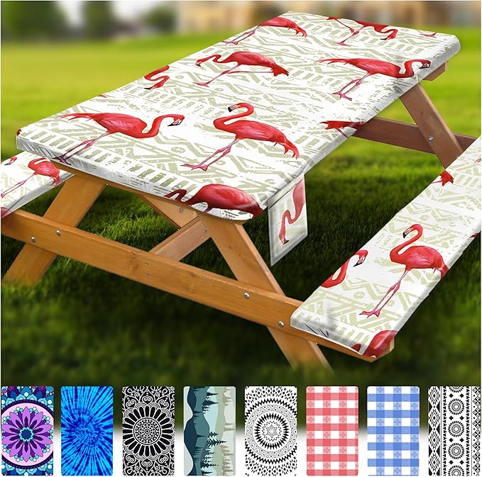 Picnic Table Cover with Bench Covers Vinyl Elastic Edges Fitted Rectangle Tables Seat Waterproof 3-Piece 96X30in Set Outdoor Rectangular Folding Backing Tablecloth for Camping Over Size White Flamingo