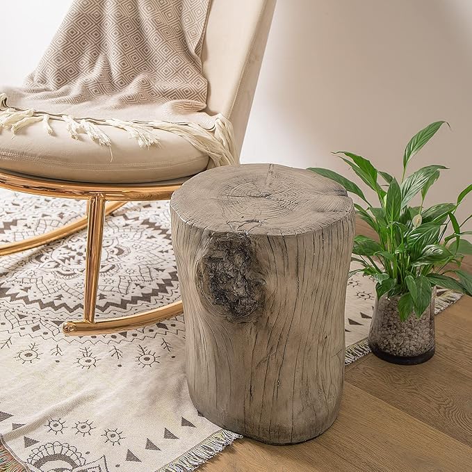 COSIEST Outdoor Antique Gray End Table Faux Wood, Hand-Painted Wood Stump Stool, Ottoman or Plant Stand, Deck or Garden