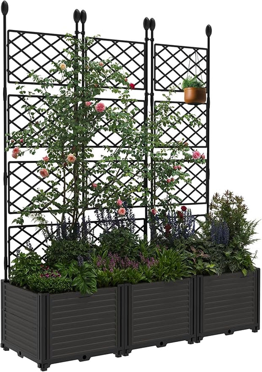 3 PCS Raised Garden Bed with Trellis, 48"LX16"WX63"H Plastic Planter Box for Climbing Plants, Outdoor Vertical Garden with Privacy Screen for Patio, Balcony, Backyard – Sturdy & Lightweight