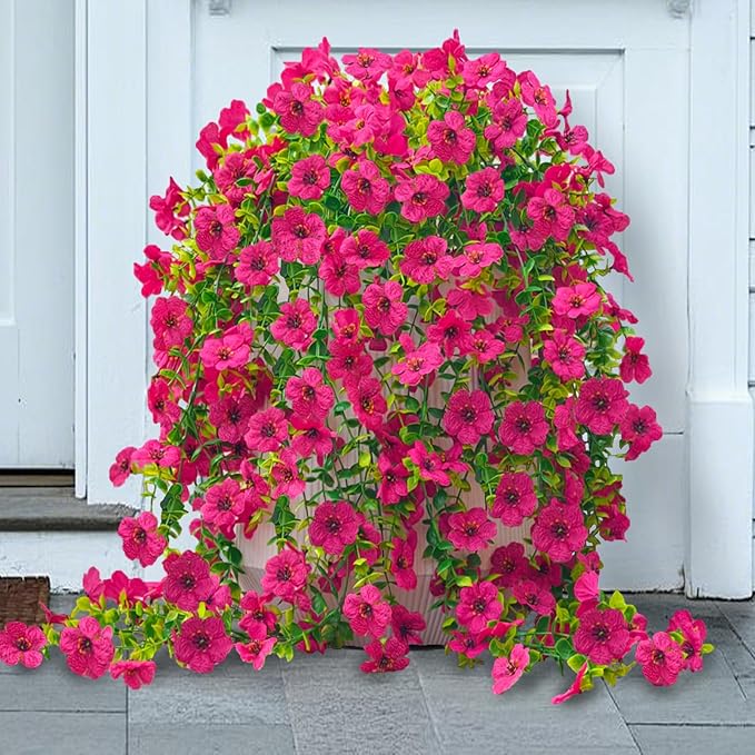 4 Pcs Fake Outdoor Artificial Flowers For Outdoors Uv Resistant, Plastic Flowers For Outdoors, Fake Hanging Plants Faux Flowers For Outdoor Planters, Silk Spring Flowers For Outside Porch（Rose Red）