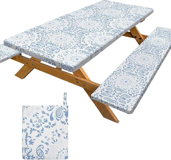 pickyNproud Picnic Table Cover with Bench Covers Portable Table Cloth Built-in Storage Pocket Picnic Table Covers with Elastic Waterproof Camping Essentials for RV Camping