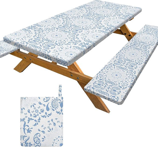 pickyNproud Picnic Table Cover with Bench Covers Portable Table Cloth Built-in Storage Pocket Picnic Table Covers with Elastic Waterproof Camping Essentials for RV Camping