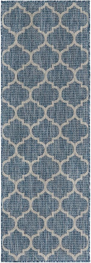 Unique Loom Outdoor Trellis Collection Area Rug (2' x 6' 1" Runner, Navy Blue/ Ivory)