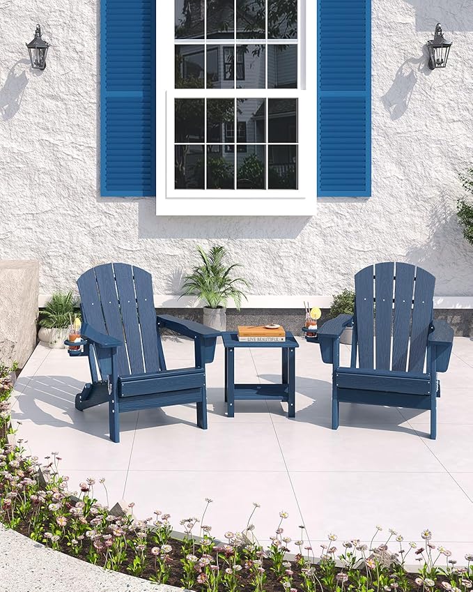 Folding Adirondack Chair, All-Weather HDPE Outdoor Chair, Wooden Textured with Cup Holder for patios, Decks, Gardens, fire pits, Navy Blue