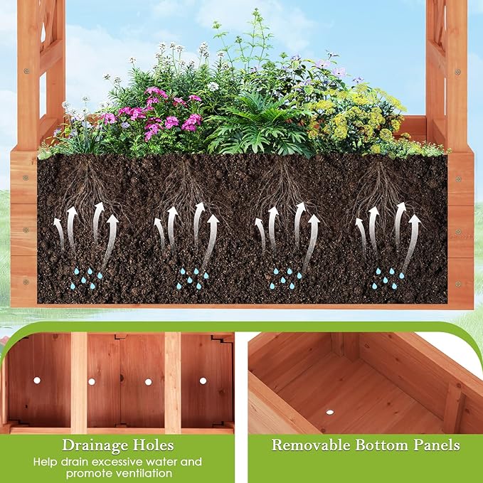 HAPPYGRILL Raised Garden Bed with Trellis, Wooden Elevated Planter Box w/Hanging Roof, Drainage Holes & Removable Bottom Panels for Climbing Vine Flower, Indoor Outdoor Wood Planter for Yard Patio