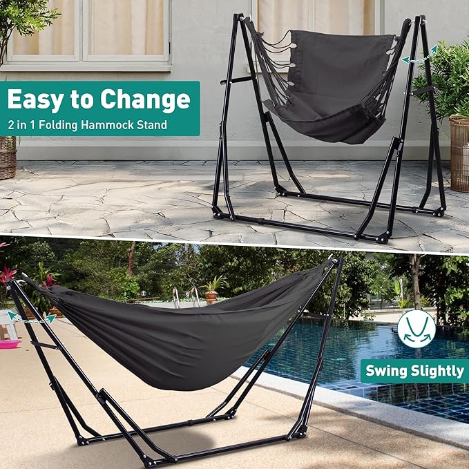Ainfox Hammock with Foldable Stand, 2 in 1 Hammock and Swinging Chair with Carrying Bag, Portable Camping Chair Suitable for Outside, Swing,Patio,Garden,Camping Trip Grey