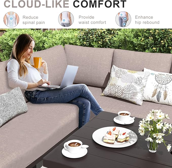 Patio Sectional Cushions, 14-Piece Replacement Cushions for Outdoor Furniture, Water-Resistant Outdoor Sofa Cushion for 6-Seat Rattan Wicker Sectional Conversation Sets (Khaki)