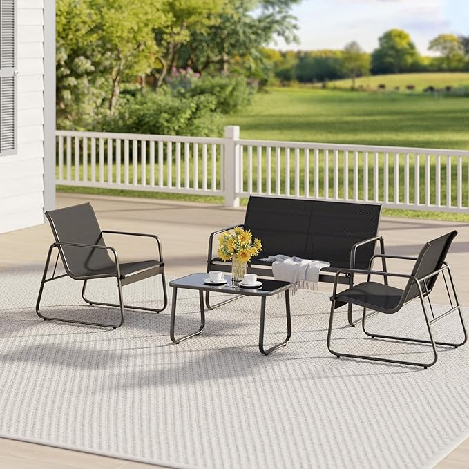 Gizoon 4 Piece Patio Furniture Set, Outdoor Patio Furniture with Loveseat and 2 Single Chairs, Bistro Table and Chairs Set for Backyard, Balcony, Lawn,Black