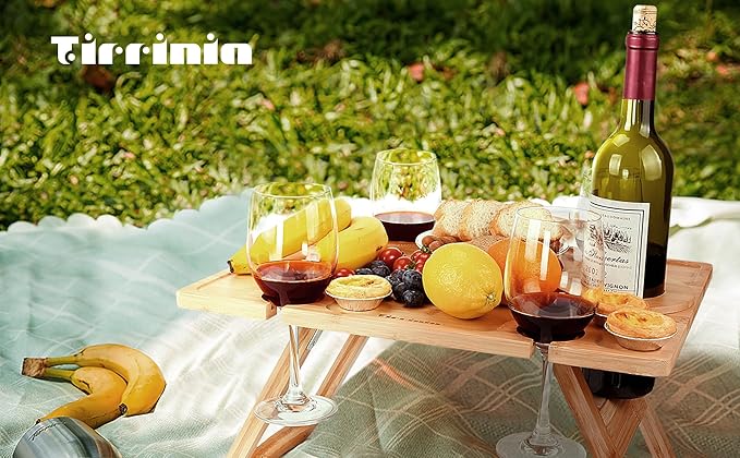 Tirrinia Portable Wine Picnic Table, Ideal Wine Gift for Women Men, Outdoor Folding Table & Beach Charcuterie Board with Wine Glasses Holder for Camping, Park, Party, Garden Concerts, Wooden