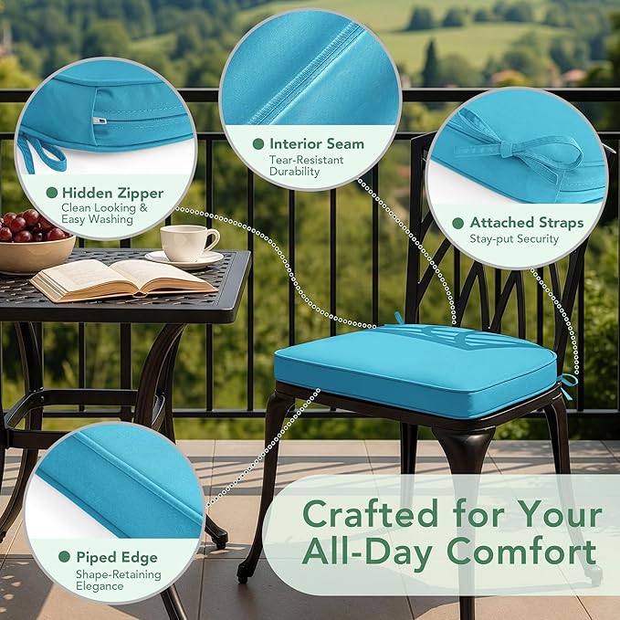 Outdoor Chair Cushions Set of 4: Waterproof & Fade Resistant Patio Furniture Cushions - 19 x 19 x 2 Inch Non Slip Round Corner Seat Cushion Pads with Removable Cover for Garden Yard Lawn, Teal