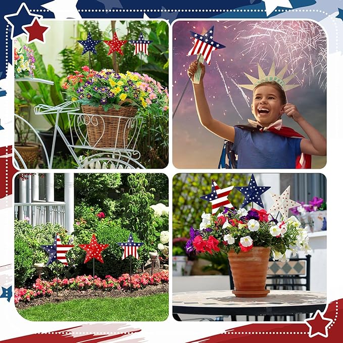 Pickmesh 6 Pcs 12" H Patriotic Metal Yard Sign Star Patriotic Garden Stake USA Flag American Yard Sign for Memorial Day Outdoor Decor 4th of July Independence Day Decoration