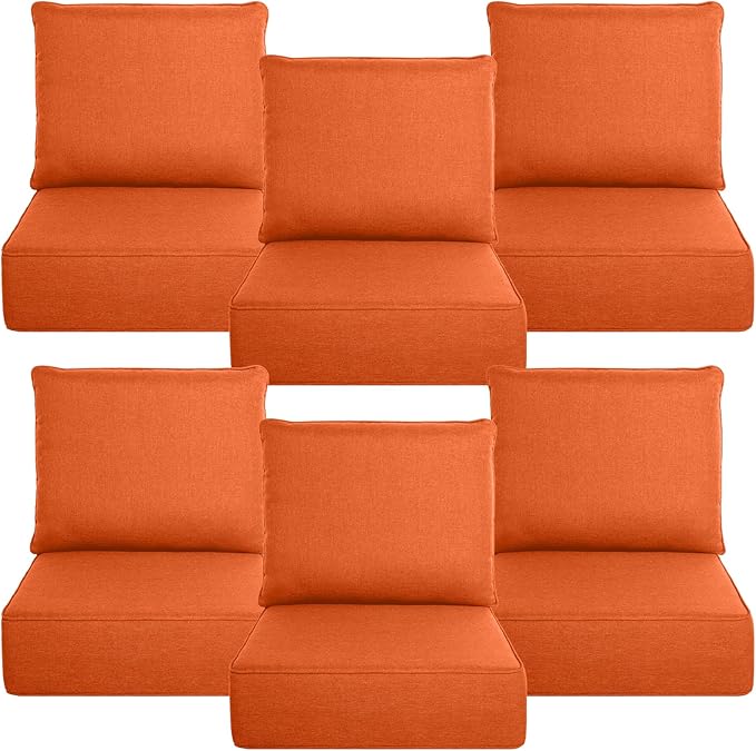 Belord Luxury 6" Thick Outdoor Cushion 6 Set - 22 x24 Inch 28D Sponge Filling Fade-Resistant Chair Cushion, Spill Proof Removable Patio Furniture Replacement Cushion for Sofa Bench Swing - Orange