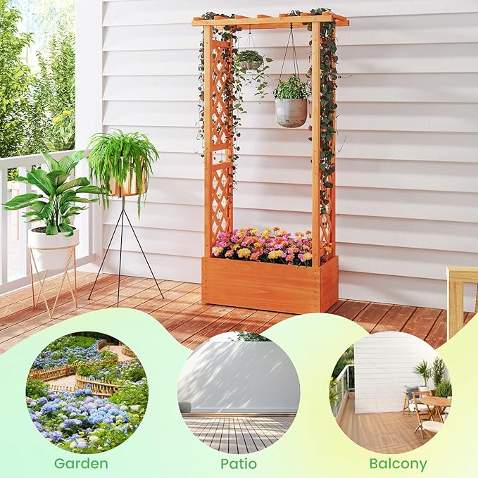 S AFSTAR Raised Garden Bed with Trellis, 2 Pieces Wood Planter Box with Hanging Roof & Drainage Holes for Climbing Plants, Vines, Flowers & Vegetables, Indoor Outdoor Plant Container for Patio & Yard