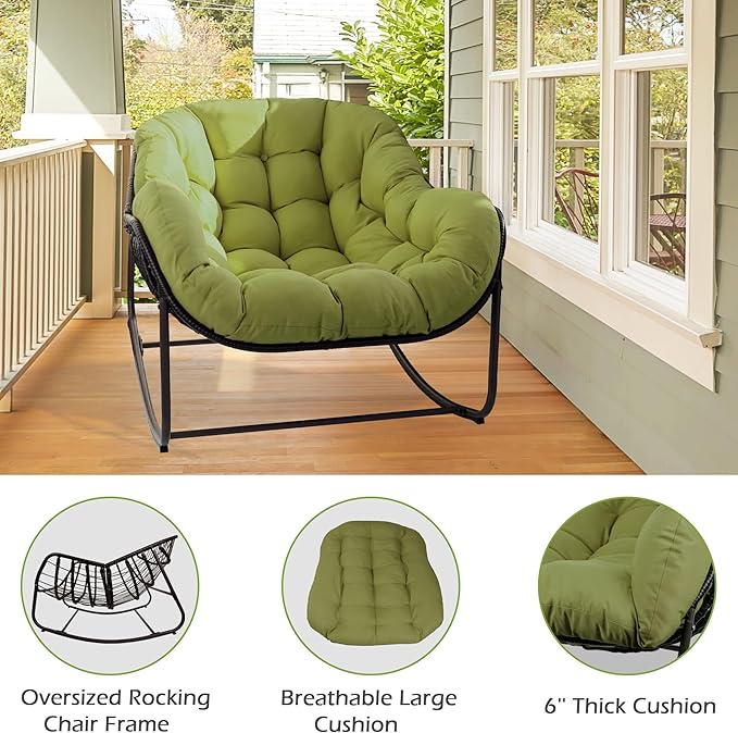 Papasan Rocking Chair, Oversized Papasan Chair with Cushion and Frame for Indoor& Outdoor, Deep Seat Egg-Shaped Rocker Chair for Garden, Deck, Living Room, Green