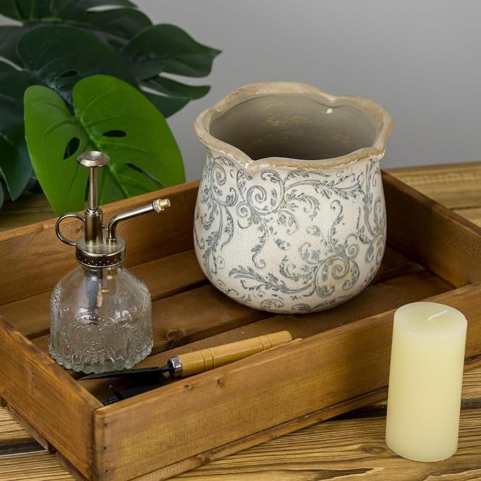 Rustic Ceramic Planter, 6 Inch Tuscan Vintage Flower Pot with Drainage, Farmhouse Garden Pot for Indoor Plants, Kitchen & Garden Tuscan Decor, Plant Lover Gift (Grey)