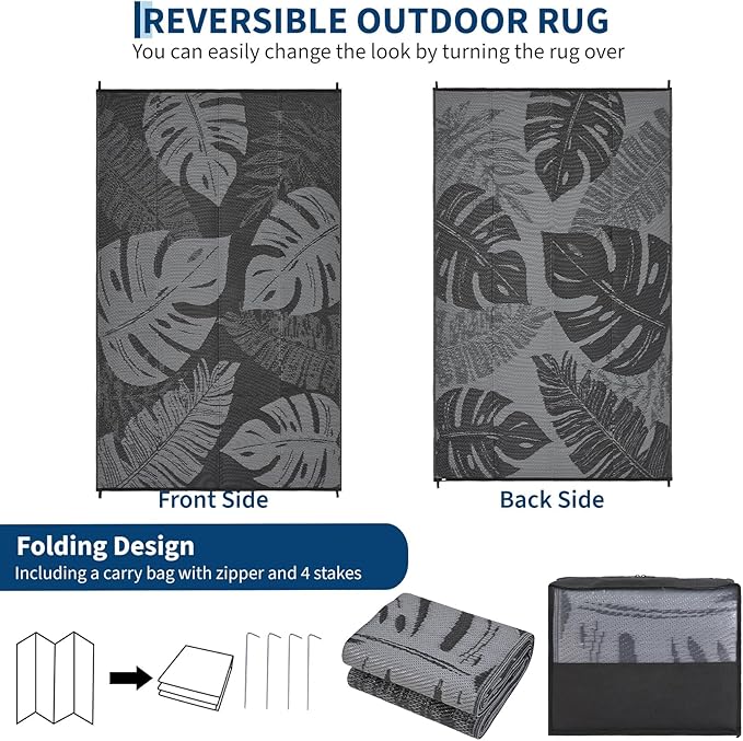 Waterproof Plastic Straw Outdoor Rug 9x18 Patio Reversible UV Resistant Foldable Camping Carpet Modern Leaf Print Large Outdoor Rugs for Deck, Picnic, Camper, Balcony, Beach，Black/Grey