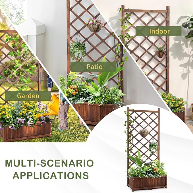 Outvita Wood Planter with Trellis, 29" x 17" x 67" Outdoor Raised Garden Bed with Drainage Holes, Vertical Standing Planter Box for Climbing Plants Vegetable in Garden, Patio, Balcony (Brown)