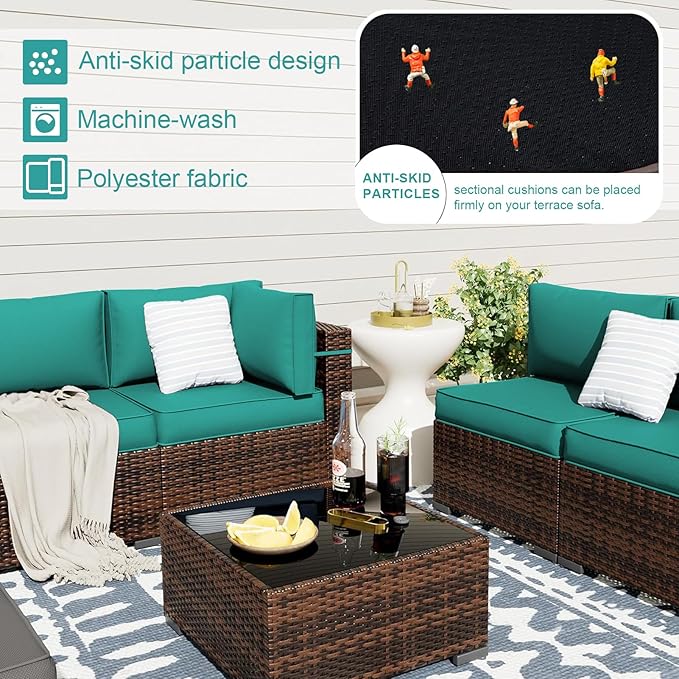 Patio Sectional Cushions, 14-Piece Replacement Cushions for Outdoor Furniture, Water-Resistant Outdoor Sofa Cushion for 6-Seat Rattan Wicker Sectional Conversation Sets (Turquoise)