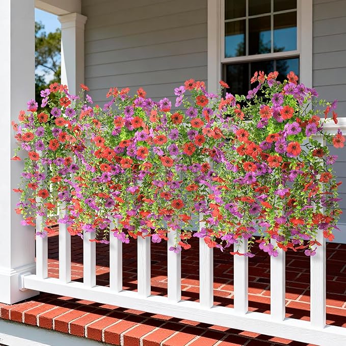 Artificial Hanging Flowers for Outdoors Spring Decoration, 2PCS Silk Fake Daisy Realistic Fake Outdoor Flowers UV Resistant Porch Patio Window Yard Decor(Purple Red)