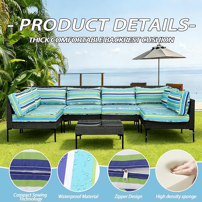 Patio Furniture Cushions, 14 Pieces Water-Resistant Outdoor Replacement Cushions, Sectional Sofa Cushions for 6-Seats Rattan Wicker Patio Conversation Sets (Aurora Colours)
